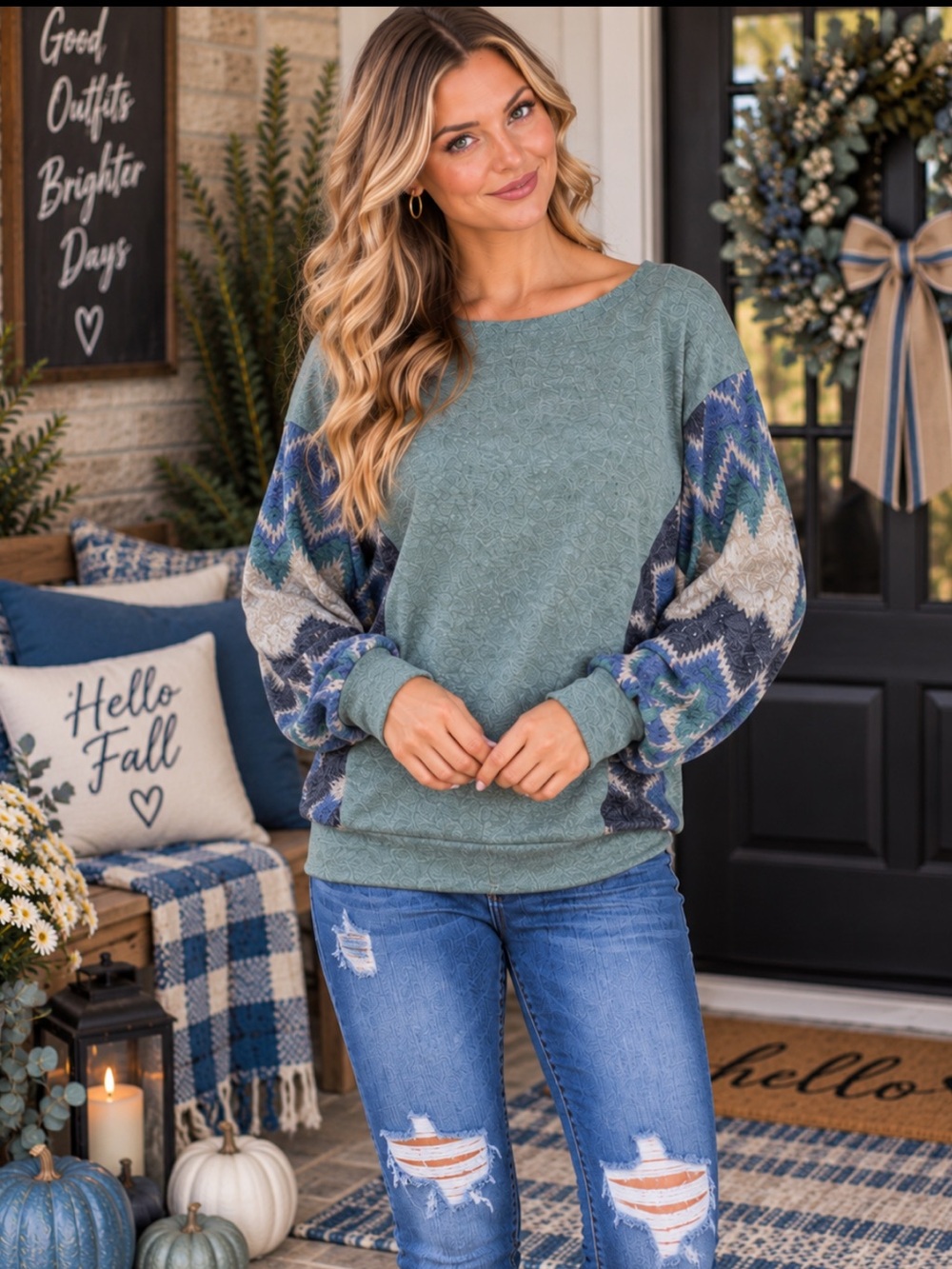 New First Love Sage Blue Geometric Print Dolman Sleeve Knit Top NWT